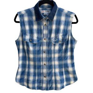 Guess Vintage 90s Womens Blue Plaid Sleeveless Denim Collar Button-Up Shirt M